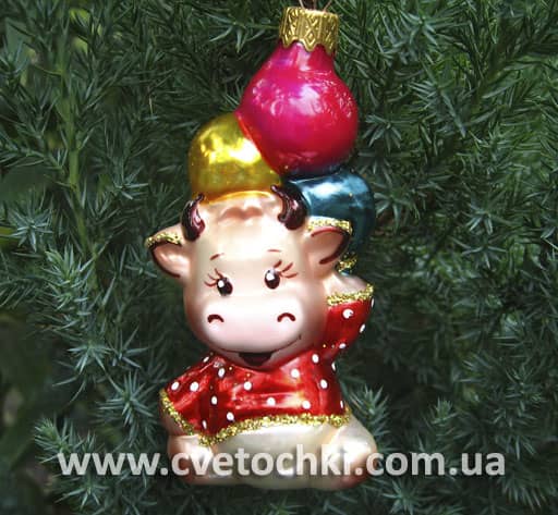 Новогодняя елочная игрушка ручной работы Бычок с шариками